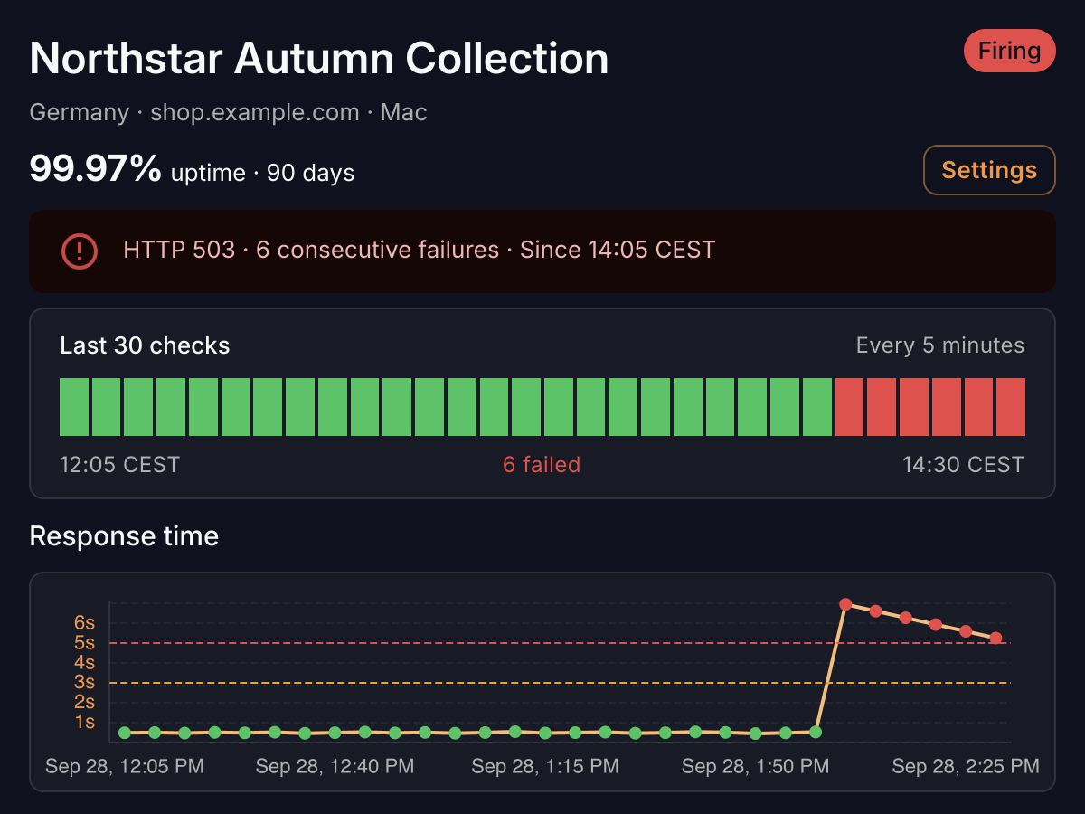 Illustrative Link Monitoring dashboard showing an HTTP 503 incident, six failed checks, and a response-time spike.