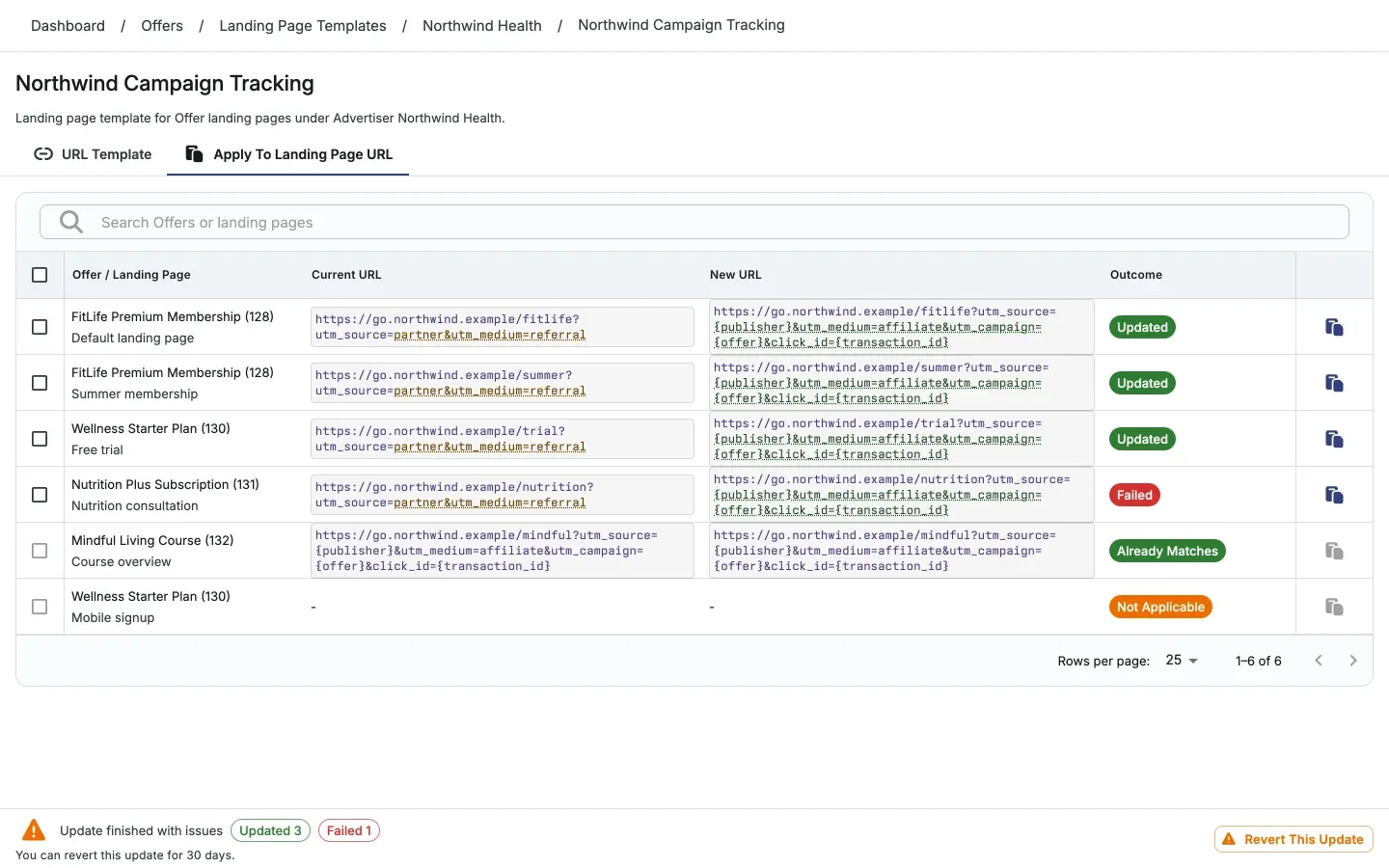 Completed landing page update with confirmed row outcomes and the revert action