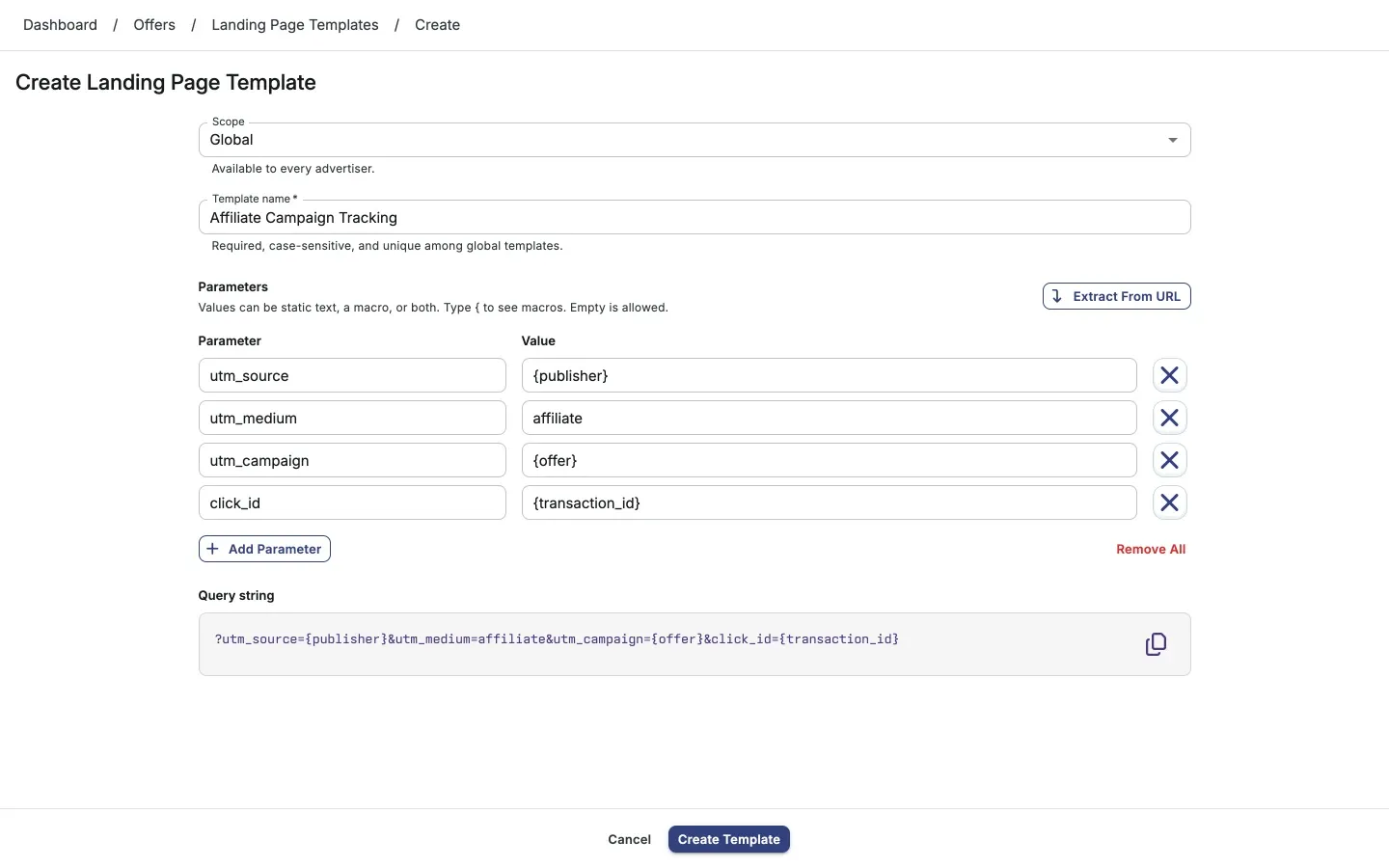 Create Landing Page Template form with scope, template name, and parameter rows