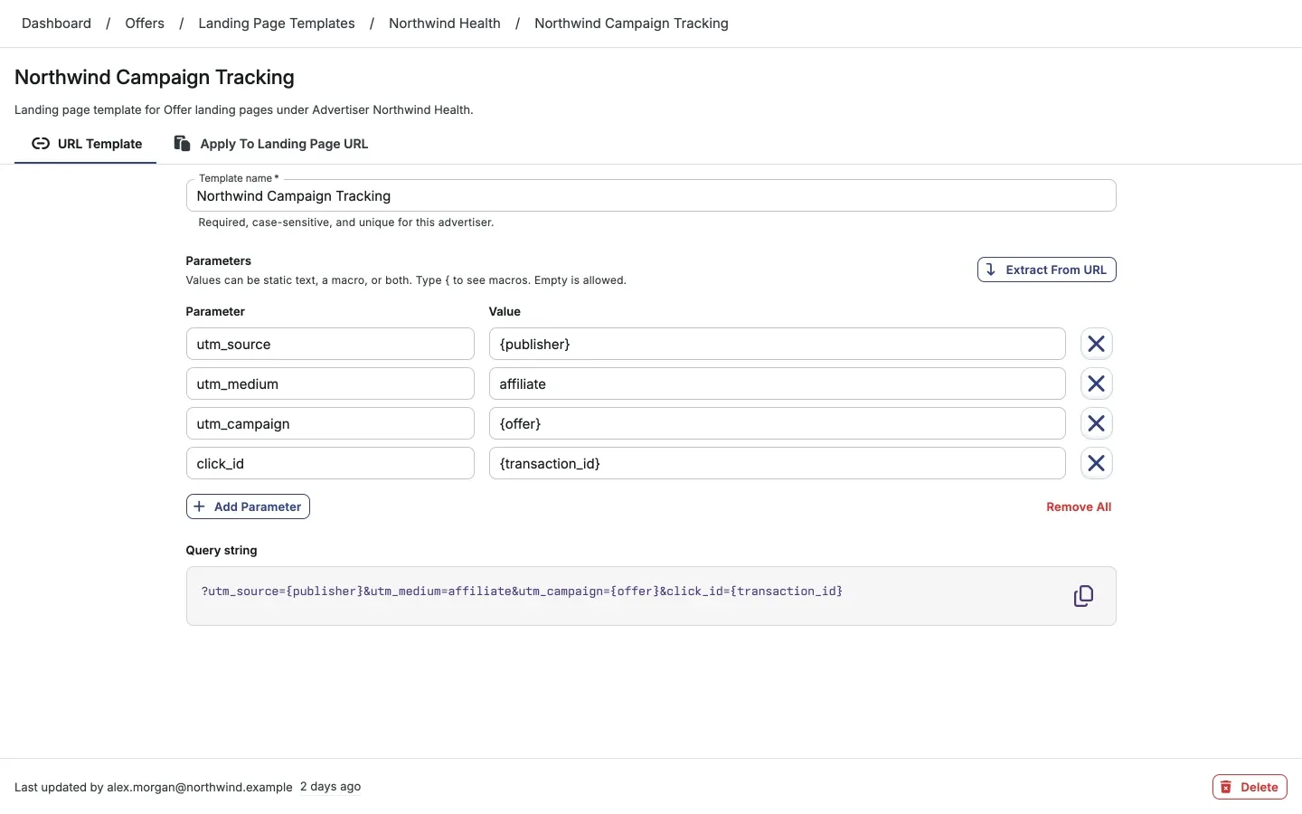 Saved template on the URL Template tab with editable parameter rows