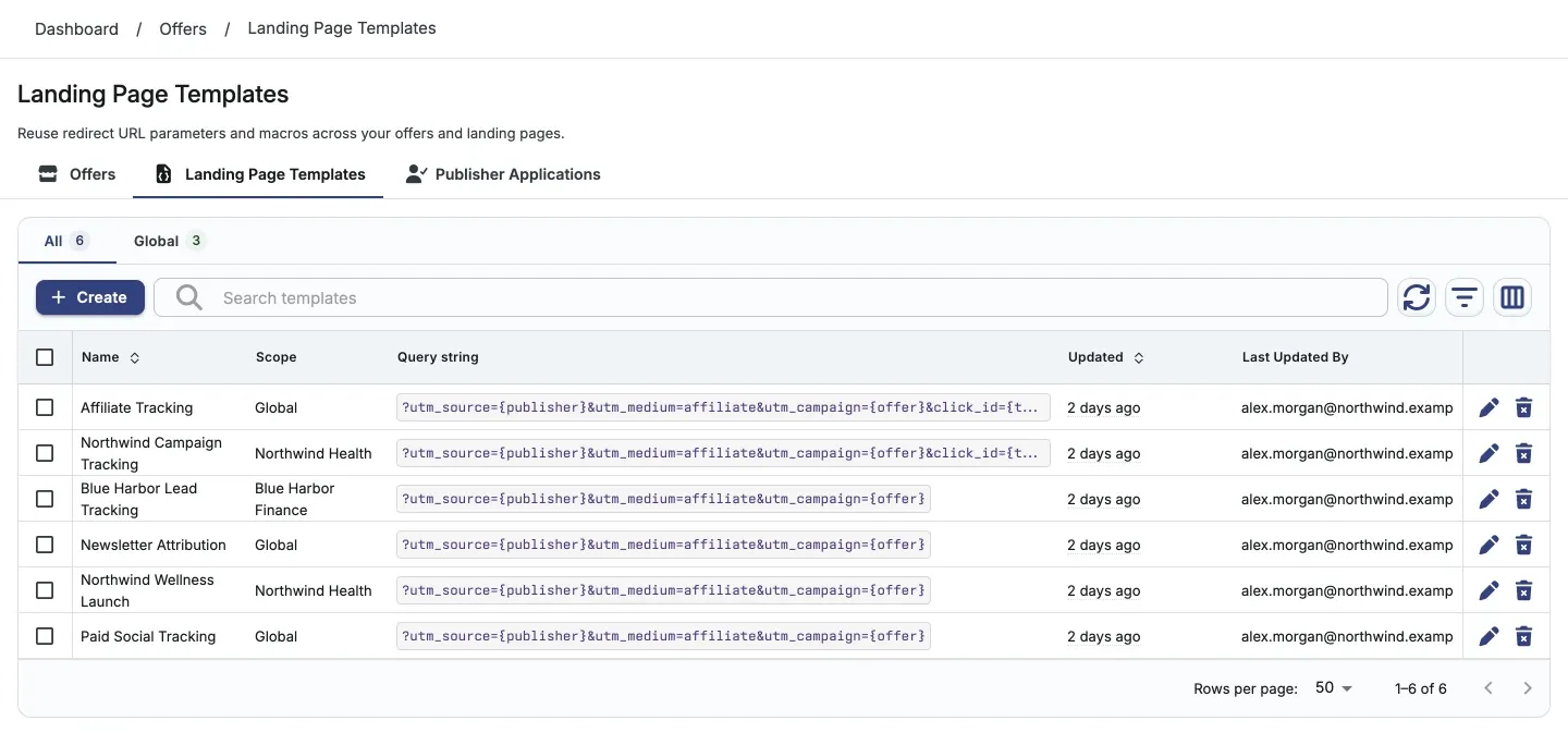 Landing Page Templates list with scope, query string, and update details