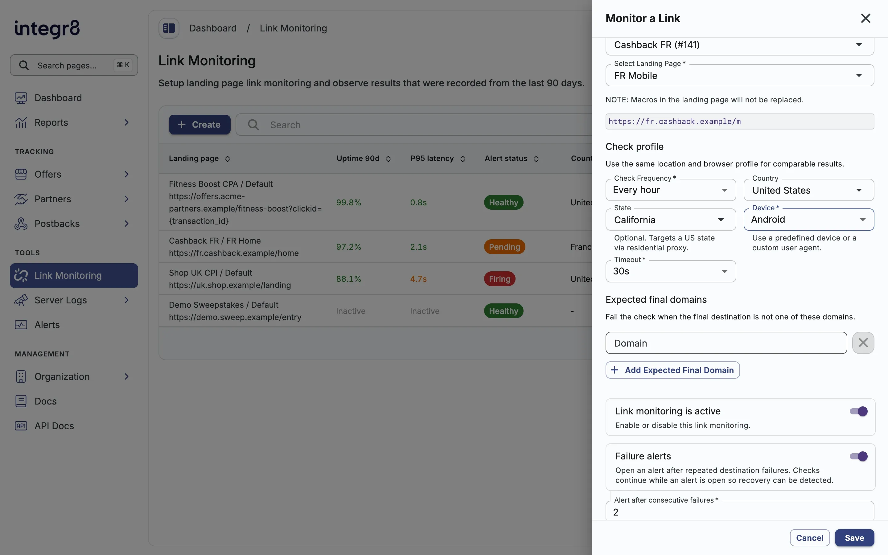 Create a link monitor with Country, optional State, and Device in the check profile