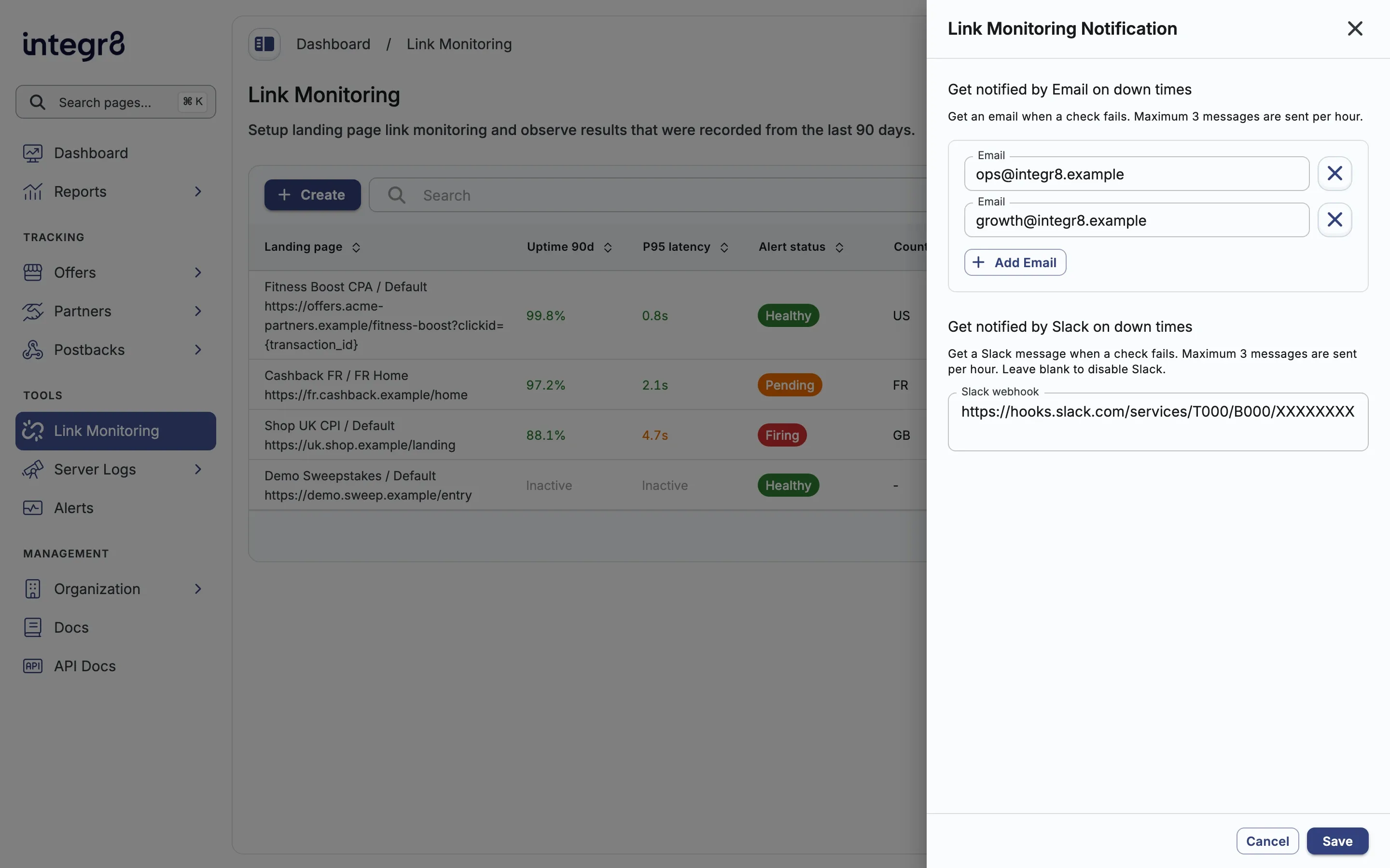 Link Monitoring notification settings