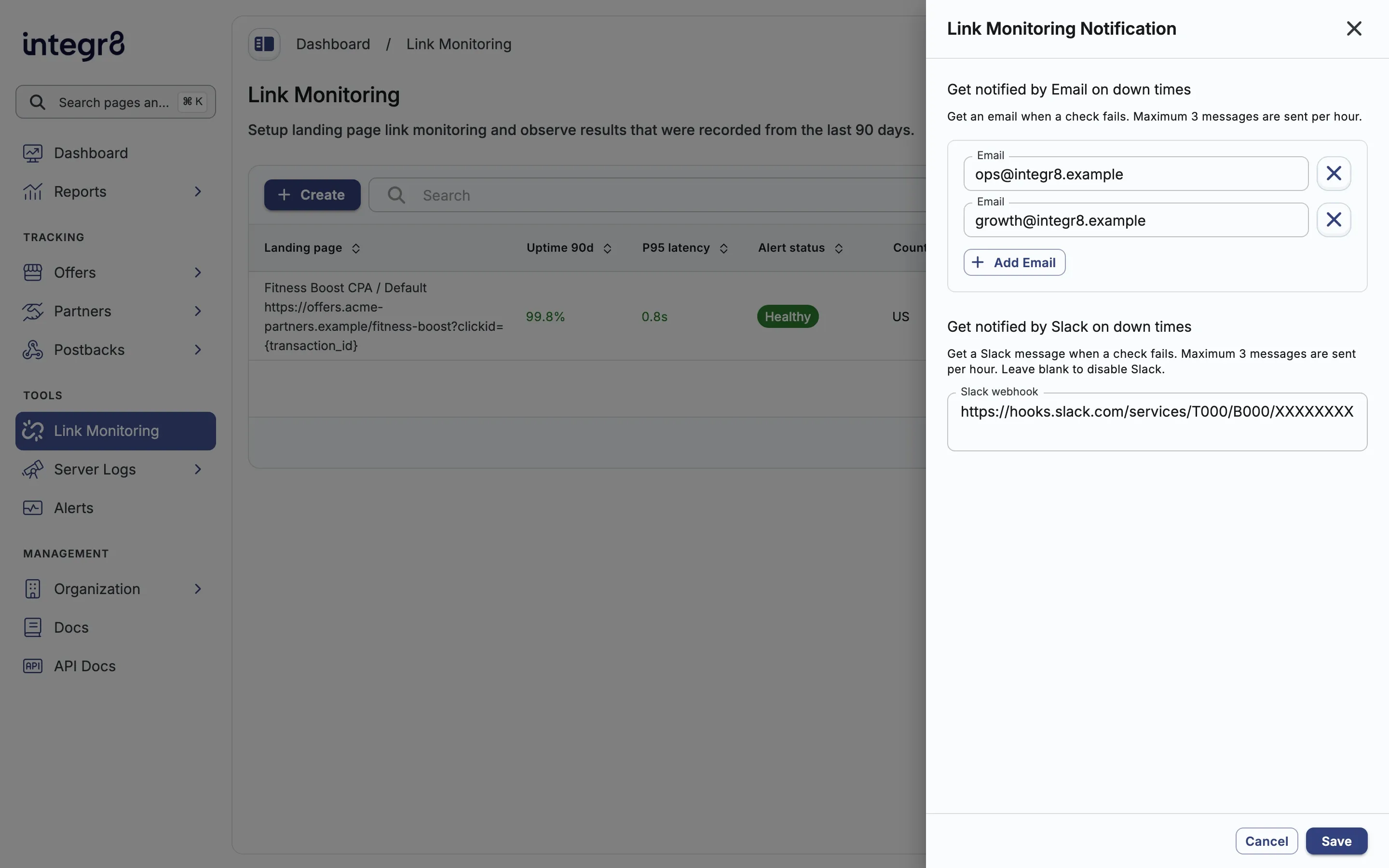 Link Monitoring notification settings