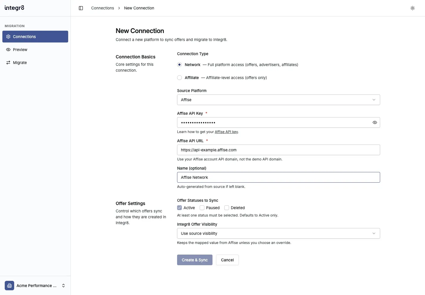 Create an Affise Network connection