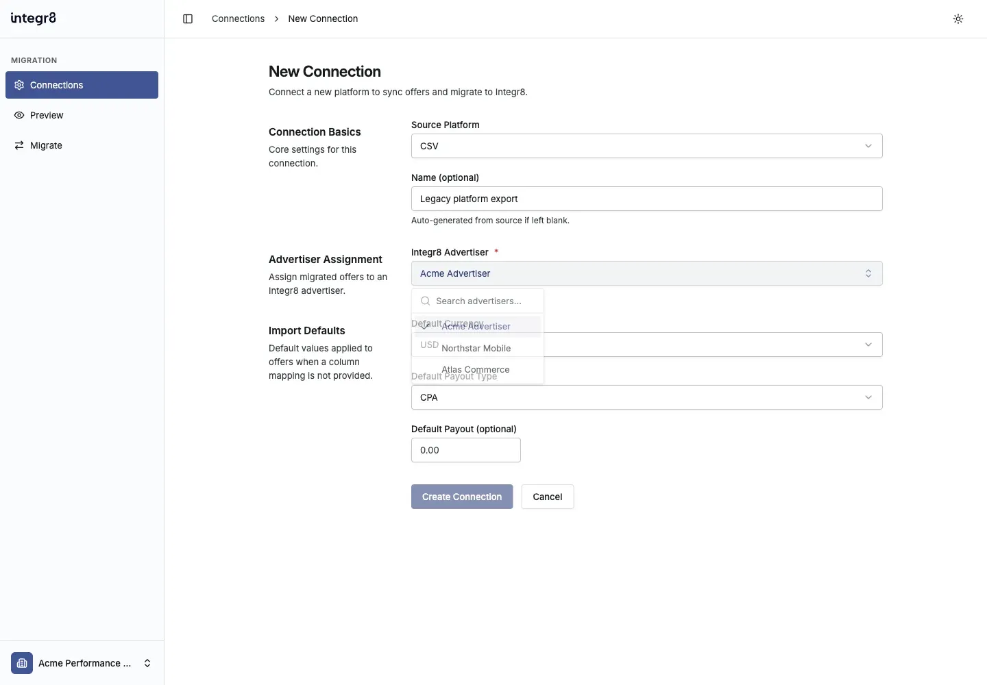 Create a CSV connection and assign an Integr8 advertiser