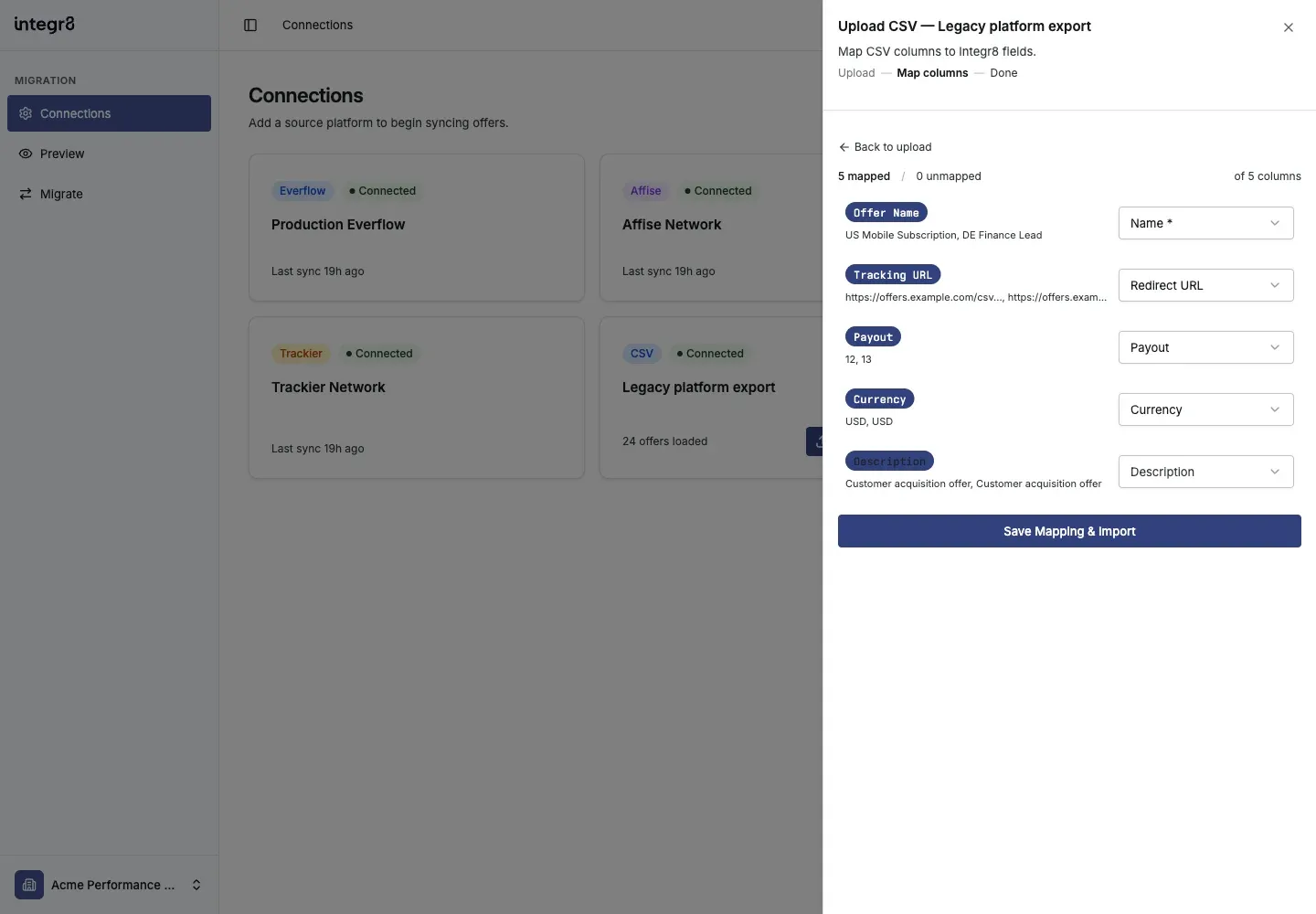 Map CSV columns to Integr8 offer fields