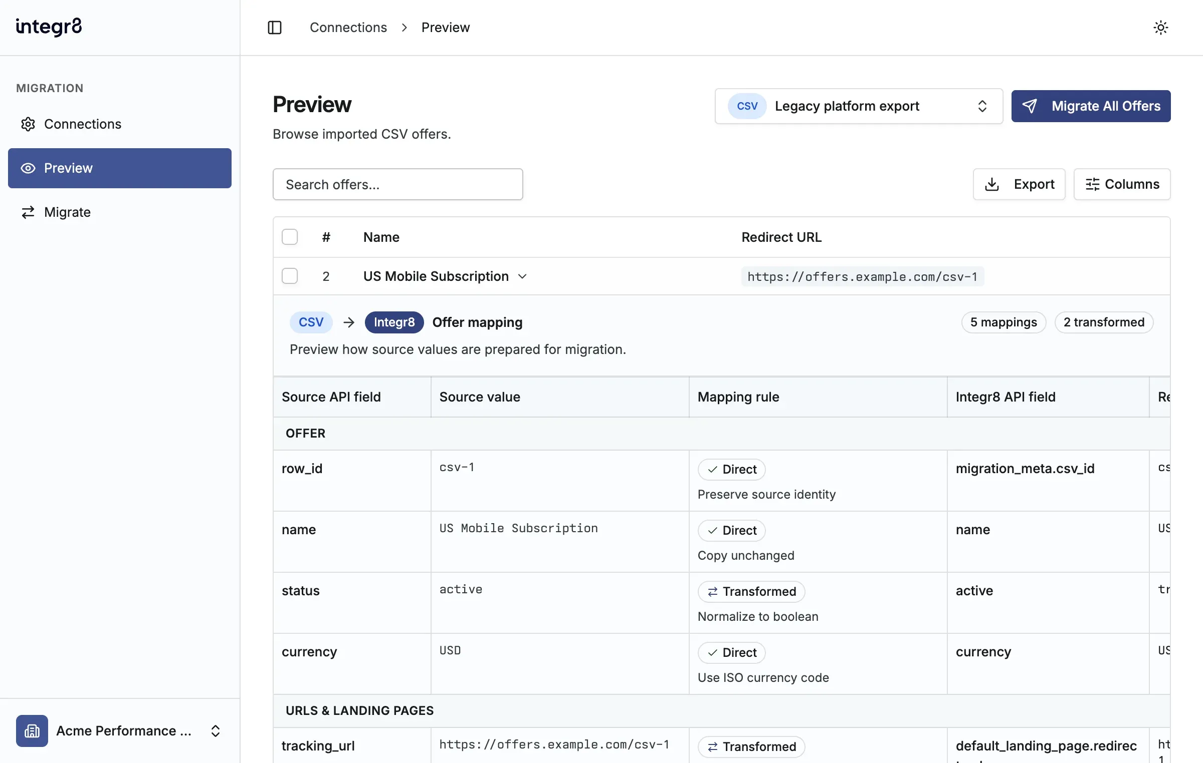 Review imported CSV offer mappings before migration