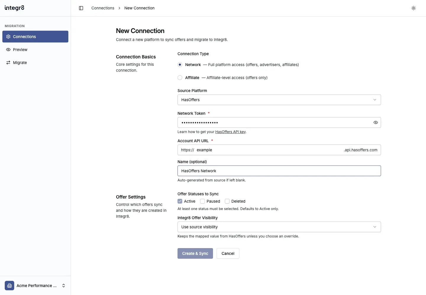 Create a HasOffers Network connection