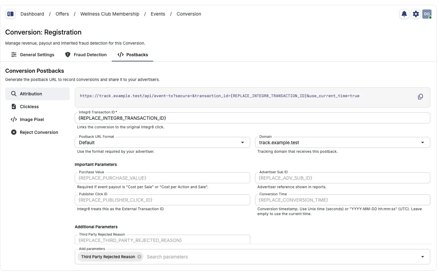Conversion Postbacks with Attribution selected, copyable output, and the pinned Add parameters control