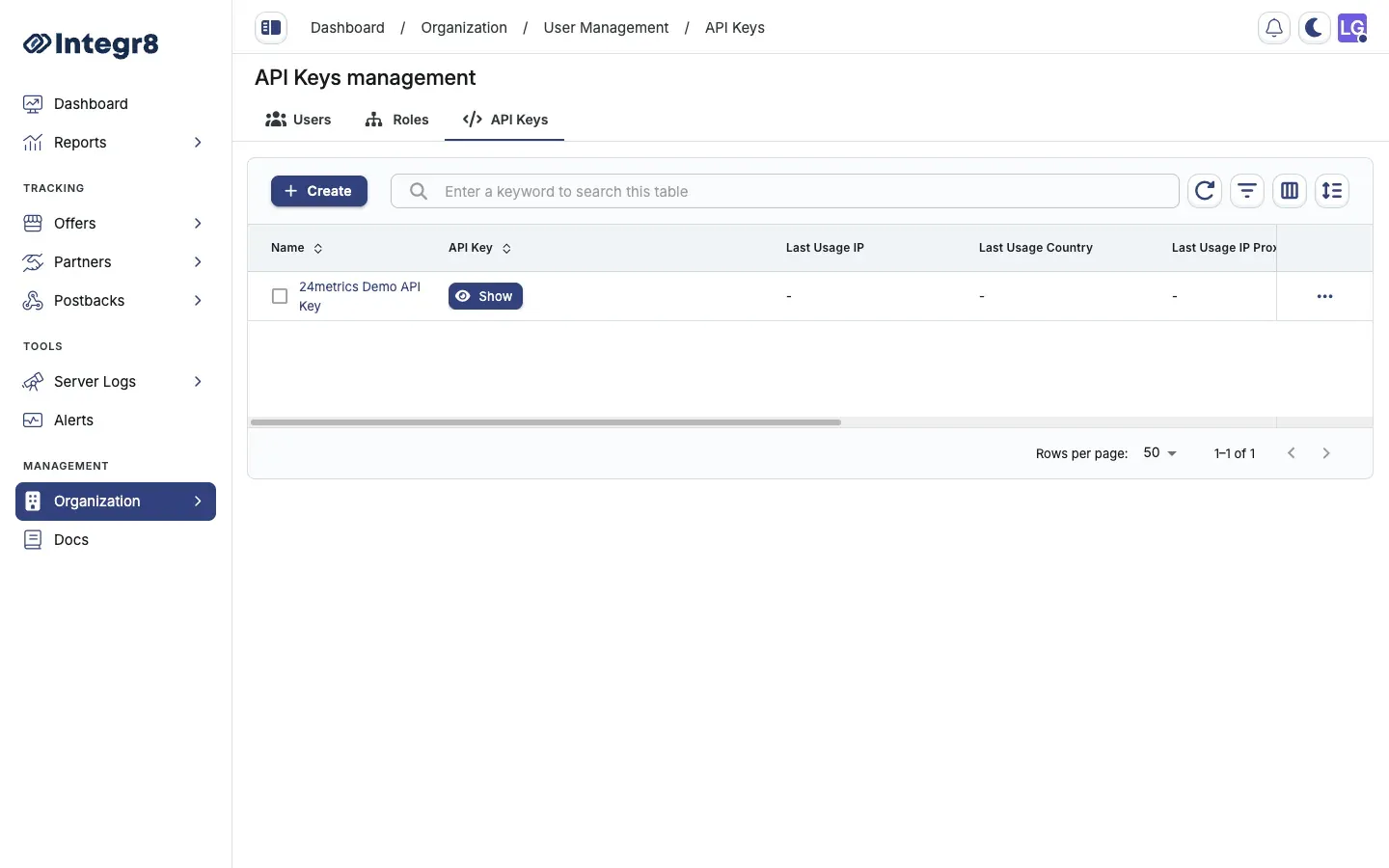 The API Keys tab under User Management