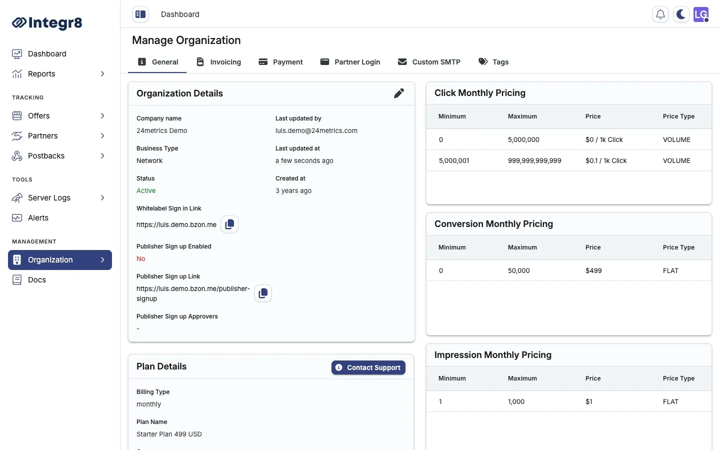 The General tab of Manage Organization