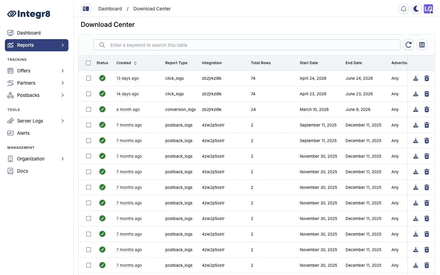 The Download Center listing export files and their status