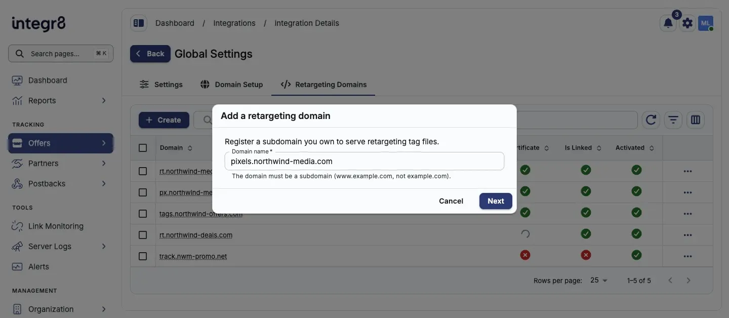 The Add a retargeting domain dialog with a subdomain entered in Domain name