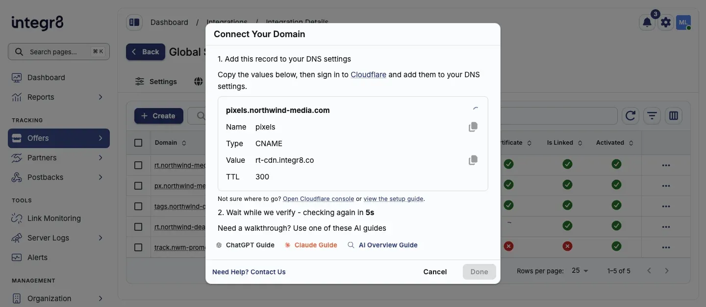 The Connect Your Domain dialog showing the CNAME record and checking DNS