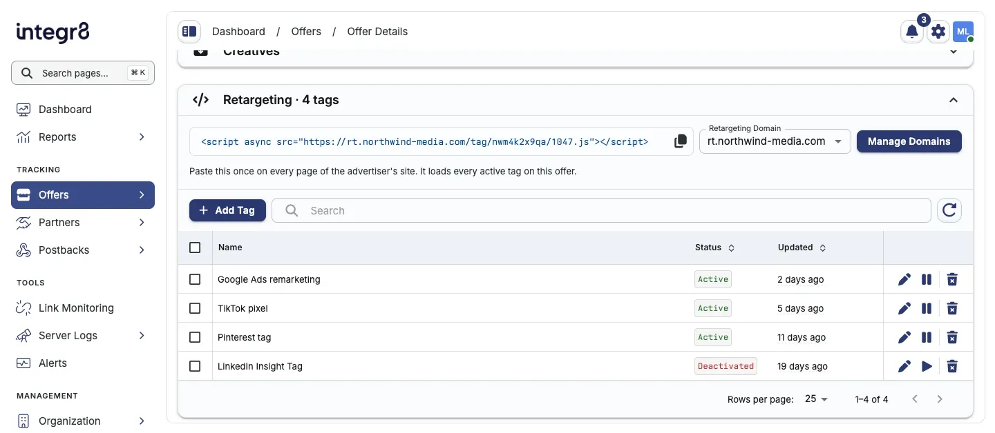 The Retargeting section on an offer’s Overview tab with the embed, domain picker, and tags